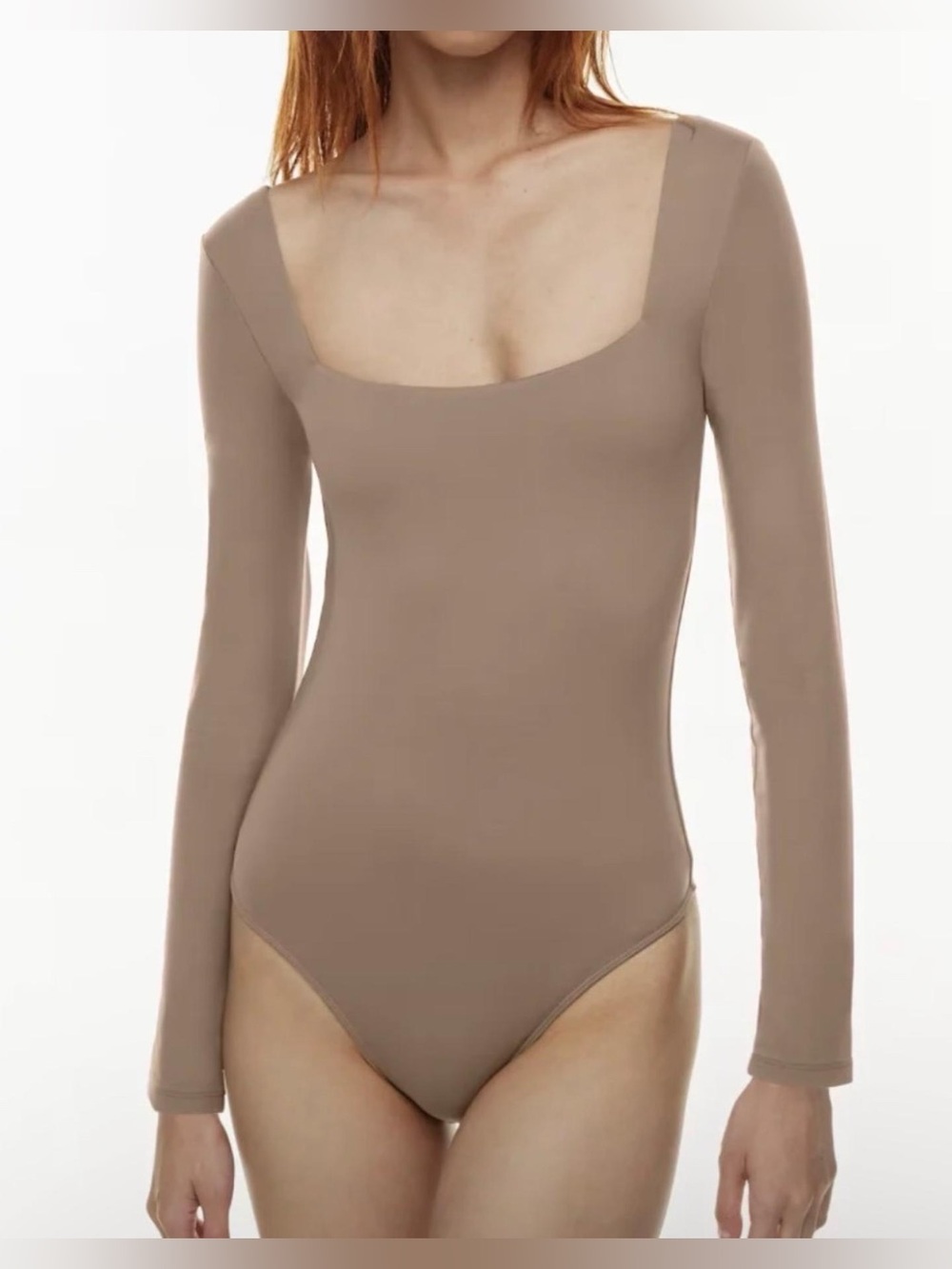Aritzia Babaton contour deep taupe brown square neck long sleeve bodysuit top